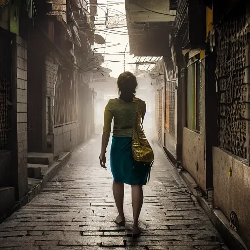 Prompt: Extremely beautiful Naturalist woman walks down the streets of Mumbai, vivid, detailed, cinematic lighting, volumetric lighting, detailed render