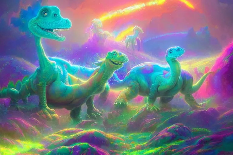 Prompt: a psychedelic realm made entirely out of love and acceptance and hypercolors. astral beings sharing love. cute smiling glowing skin glowing chibi style pixar baby dinosaurs in the style of greg rutkowski and wlop and lisa frank! and bob ross!!! and ruan jia, illustration, epic, fantasy, hyper detailed, smooth, unreal engine, sharp focus, ray tracing