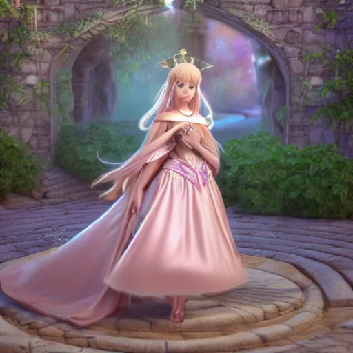 Image similar to a very detailed, ultra-realistic, pleasant, beautiful, funny, smooth 3D CG render, semirealistic anime style, close-up of a gorgeous, cute, gentle, noble priestess magician princess girl wearing dress and jewelry, in a glorious magic kingdom with castle and walls, relaxing calm vibes, fairytale, octane render