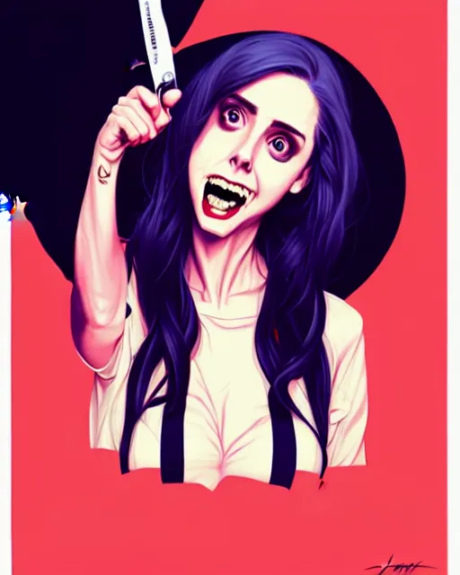 Image similar to loish, artgerm, Joshua Middleton art, pretty female Alison Brie serial killer holding bloody knife, blood on clothes and face, sarcastic smile, symmetrical eyes, symmetrical face, full body, jean jacket, jeans, short blonde hair, middle shot, night time, deep blacks