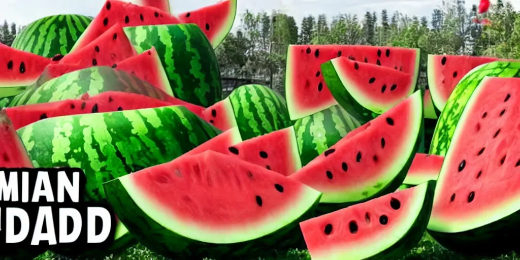 Image similar to YouTube thumbnail about giant watermelon rampage town