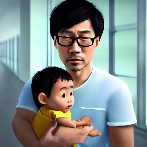 Image similar to asian man looks totally confused as he holds a black baby at the hospital, artistic render, pixar art, trending on artstation