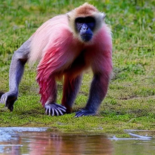 Image similar to monkey-flamingo hybrid in battle armor fighting a grizzly bear