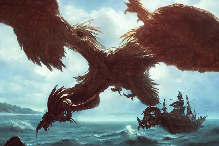 Prompt: Giant bird monster destroying a pirate ship, dramatic oil painting, by WLOP, by Artgerm, volumetrics, digital art, 4k