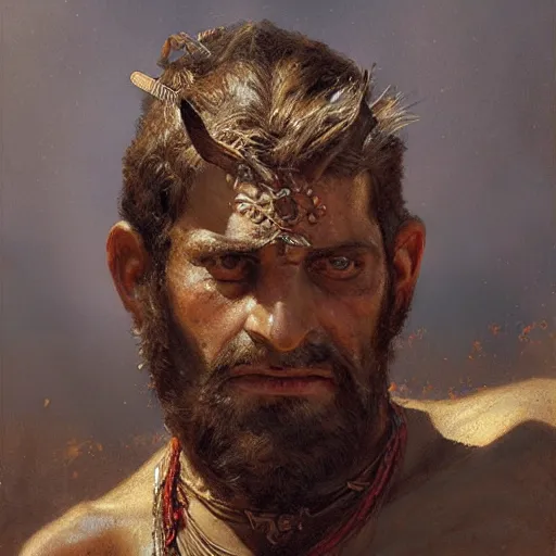 Image similar to a scrappy bronze age thief man, ancient mesopotamia, hiding, opportunistic expression, sword and sandal character portrait by gaston bussiere, craig mullins, greg rutkowski