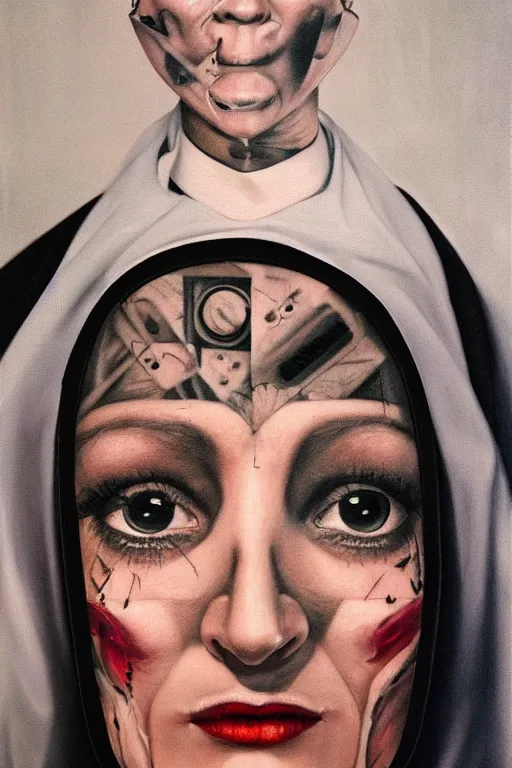 Prompt: hyperrealism oil painting, close - up face portrait from up, nun fashion model looking up, black factory mask, complete darkness background, small tattoo near eye, in style of classicism mixed with 8 0 s sci - fi japanese books art