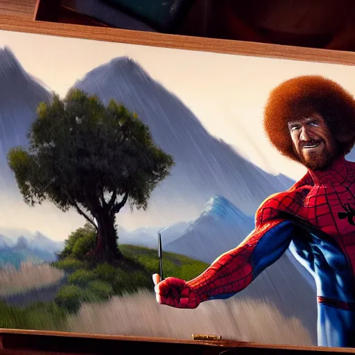 Image similar to a closeup photorealistic photograph of bob ross working on a canvas painting of spiderman. film still. brightly lit scene. mountains and trees. this 4 k hd image is trending on artstation, featured on behance, well - rendered, extra crisp, features intricate detail, epic composition and the style of unreal engine.