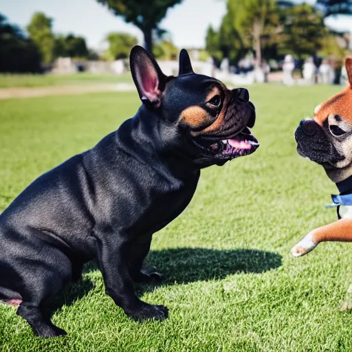 Image similar to a french bulldog giving a shiba inu in a suit a high five, photorealistic, nikon d 7 8 0, high definition, sharp focus, bokeh, smooth, highly detailed, espn sports photography