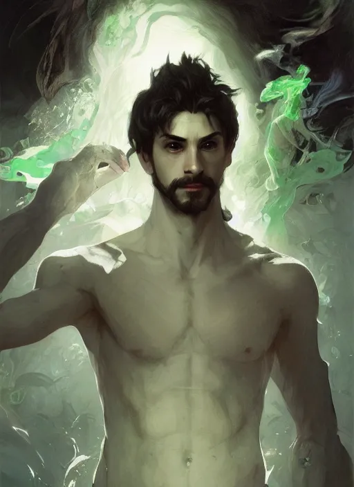 Image similar to character concept portrait of an attractive young focused Spanish wizard with pale green skin enchanting a growing spell, a floating iridescent spell book in the center, intricate, elegant, digital painting, concept art, smooth, sharp focus, illustration, from Metal Gear, by Ruan Jia and Mandy Jurgens and William-Adolphe Bouguereau, Artgerm