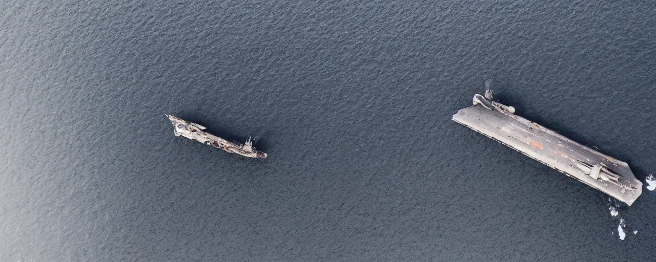 Image similar to low angle cinematic aerial shot of abandoned aircraft carrier in the middle of black sand beach in iceland