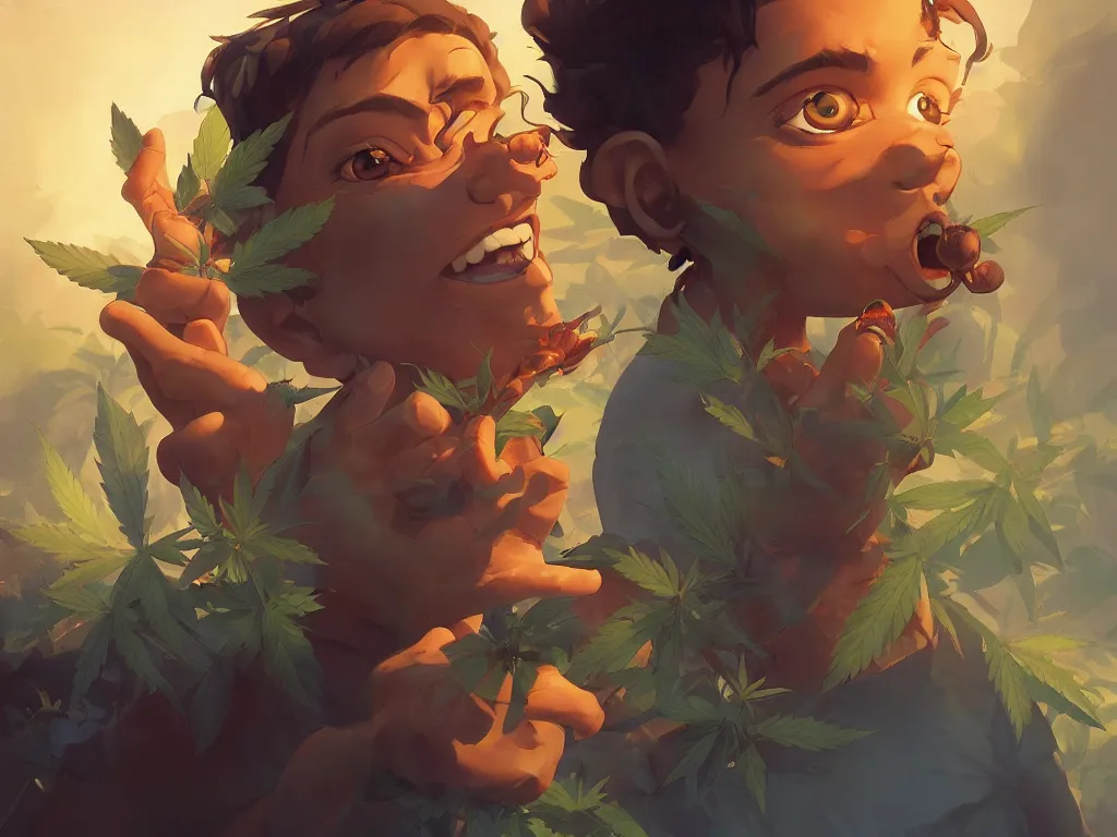 Image similar to cannabis marijuana kid face!, behance hd by jesper ejsing, by rhads, makoto shinka, lois van baarle, ilya kuvshinov, rossdraws global illumination