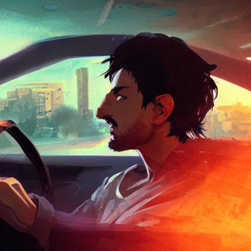 Prompt: saudi arab man smoking inside a car, anime digital art in the style of greg rutkowski and craig mullins, 4 k