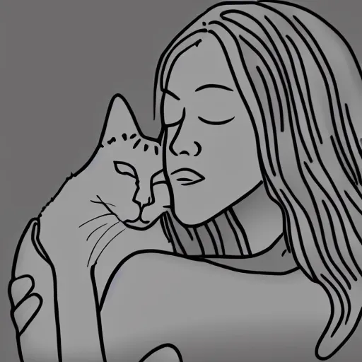 Image similar to simple line art of a woman cuddling a cat