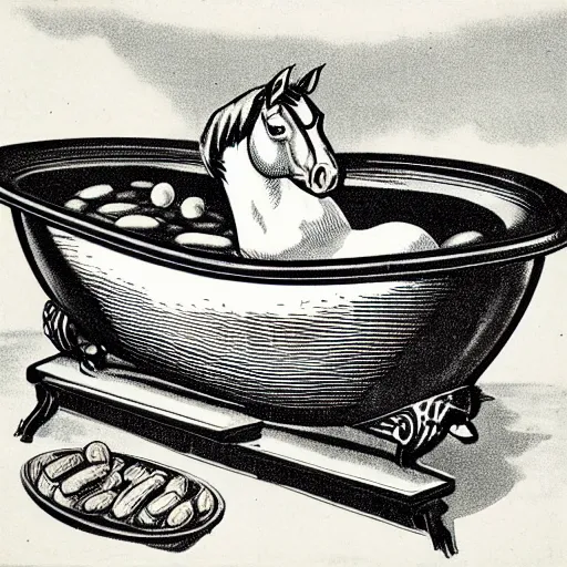 Image similar to vintage 1 9 5 0 s illustration of a horse sitting in a tub full of baked beans