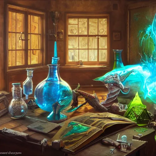 Prompt: hyper real, table, map, wizards laboratory, tony sart, mortar, pestle, scales, magic book, beakers of colored liquid, energy flowing