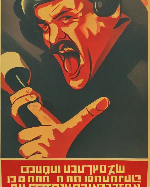 Image similar to soviet propaganda poster of an angry communist developer yelling at his computer