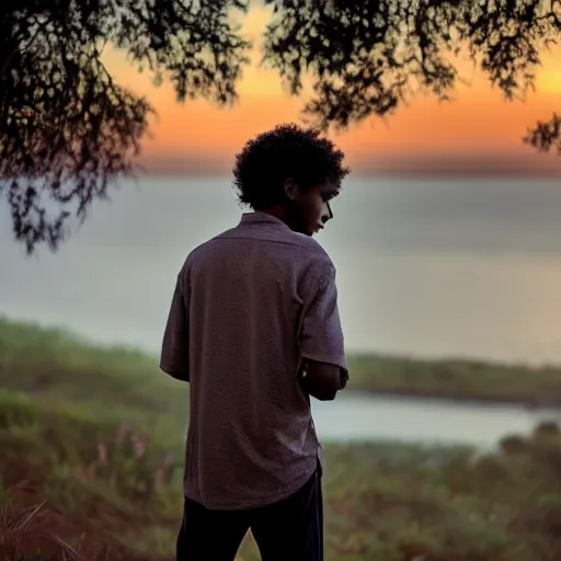 Image similar to dark skin man with curly hair, in the style of an anime film, standing alone in nature, sunset, backlit, contemplative, dreamy, pastel colors, youthful, fairylike