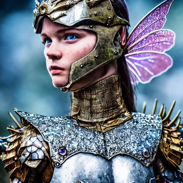 Image similar to full body photo of a fairy warrior wearing sparkly armour, highly detailed, 4 k, hdr, smooth, sharp focus, high resolution, award - winning photo