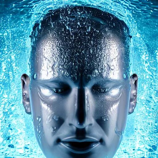 Image similar to minimalist logo icon of a human head made of water, white background, futuristic, glowing, hyper realistic, ray tracing, realistic water splashes, sharp focus, long shot, 8 k resolution