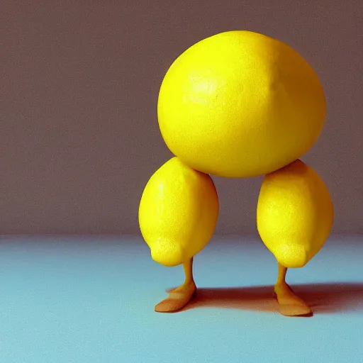 Image similar to a lemon in shape of a human with legs of lemons and round body, very realistic, high quality, volumetric light