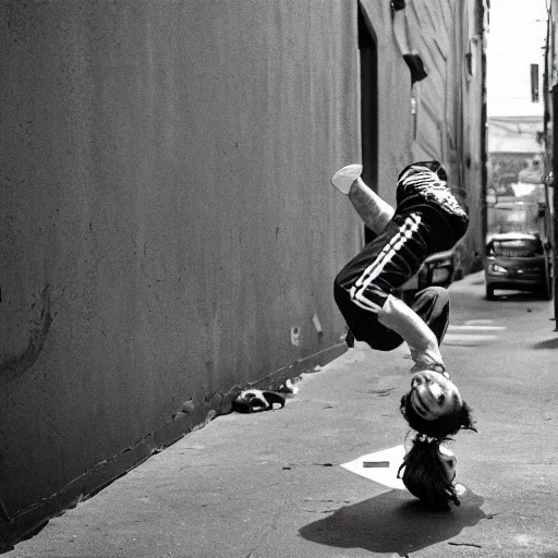 Prompt: Yitzhak Rabin wearing punk clothes and a cap doing breakdance moves in an alley, black and white, street photography, 4k, HQ