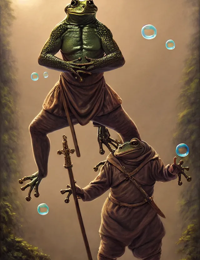 Image similar to anthropomorphic bipedal frog that is dressed as a medieval fighter, and holding a thick staff, as a matte oil painting and d & d character art, by alex grey, standing, fullbody, floating bubbles, mystic, fog, fractals, spirals, concept art, award - winning, extremely detailed, sharp focus