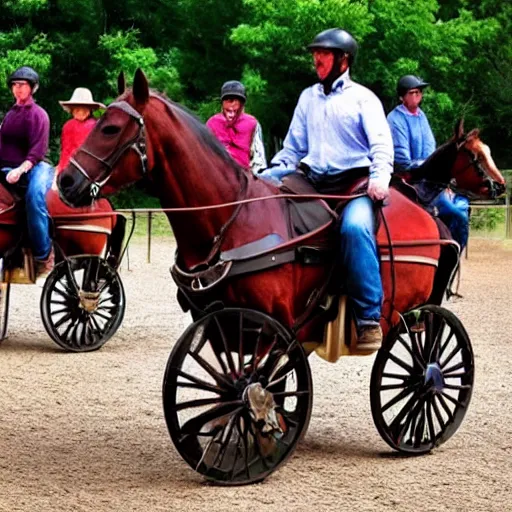 Image similar to Western, people on horses with wheels instead of legs