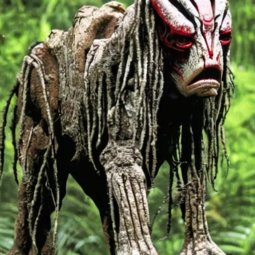 Prompt: Genetic isolation with different environmental pressures yields a variant of yautja… adapted to a drier climate… thinner, waxier dreads, thicker oral tissue, & scalier skin for moisture retention, favors crushing bite for different diet…