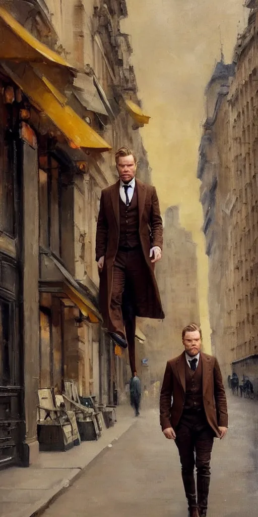 Image similar to we see ewan mcgregor from side. he is dressed as a gentleman at early 2 0 th century paris. atmospheric feeling, warm colours, brown colours, yellow colours, epic scene, cinematic, very detailed, oil painting