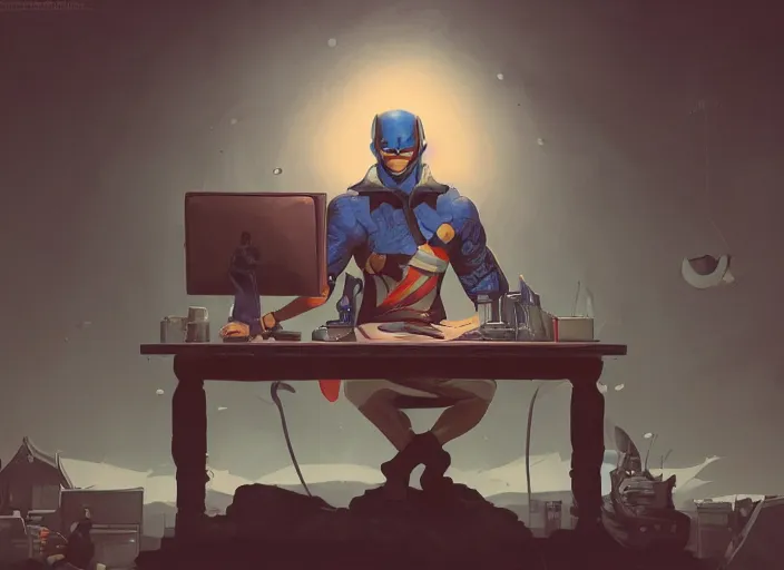 Image similar to an insanely detailed painting of an asian man wearing a homemade superhero costume, sitting at a desk, staring seriously at the computer and typing, in the style of peter mohrbacher, james jean, artgerm, dramatic lighting and composition, surreal background, octane render, pixar, trending on artstation, concept art, comic book, view from behind, 8 k