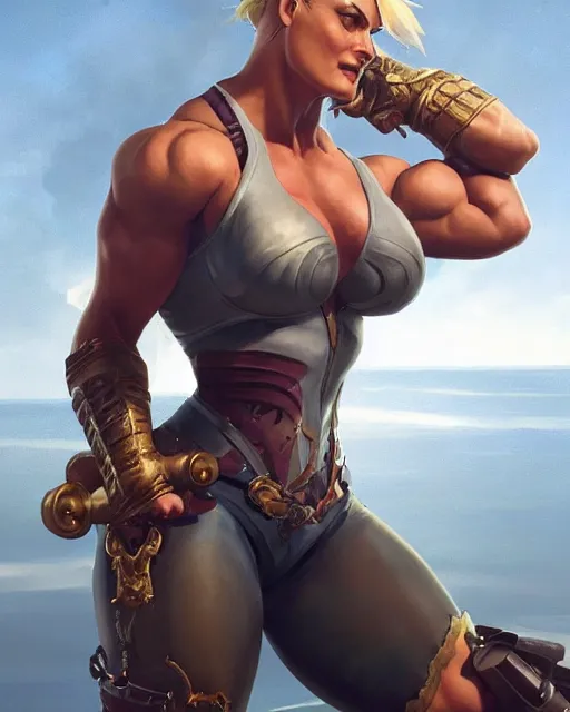 Prompt: full figure ultra realistic illustration, margot robbie as thick female bodybuilder pirate zarya from overwatch smiling with closed eyes, intricate, elegant, highly detailed, digital painting, artstation, concept art, smooth, sharp focus, illustration, art by artgerm and greg rutkowski and alphonse mucha