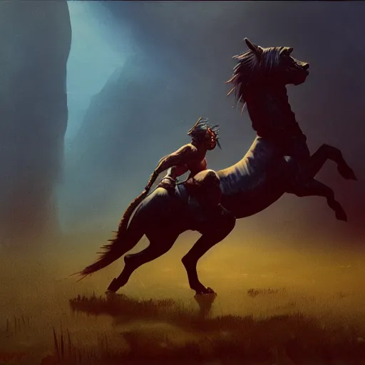 Prompt: Atreyu in leather tunic and loincloth, pulling the reins on Artax, trying to save the horse from the swamp of sadness. gouache, dark, volumetric lighting, crepuscule, octane render