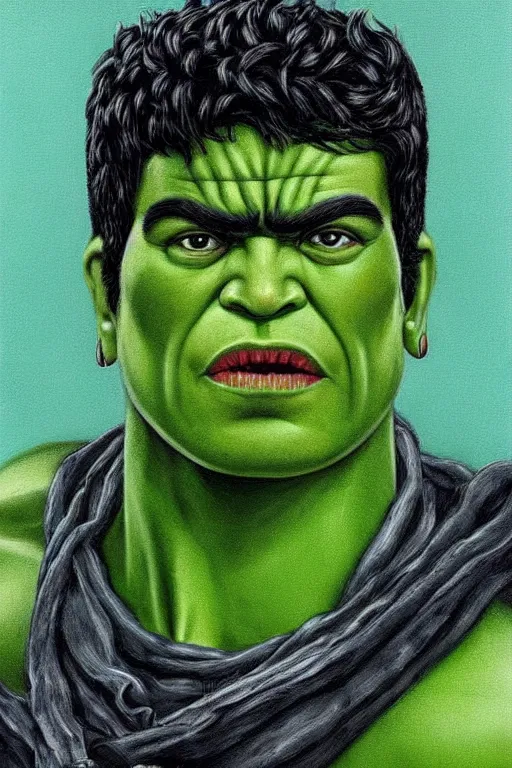 Image similar to ultra detailed incredible hulk portrait in the style of Frida Kahlo