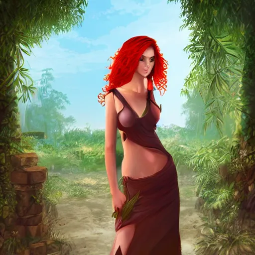 Image similar to a portrait of a redhead woman and ancient ruins with plants,digital art,retrowave art,trending on art station