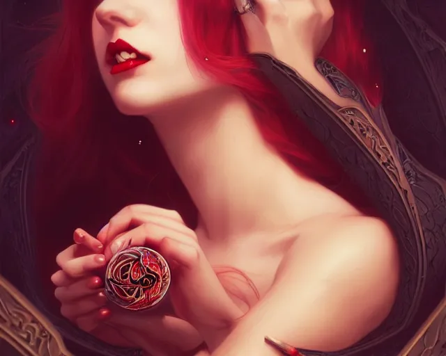 Image similar to beautiful hypnotic seductive hungry vampire girl, photography of kurzgesagt, deep focus, d & d, fantasy, intricate, elegant, highly detailed, digital painting, artstation, concept art, matte, sharp focus, illustration, hearthstone, art by artgerm and greg rutkowski and alphonse mucha