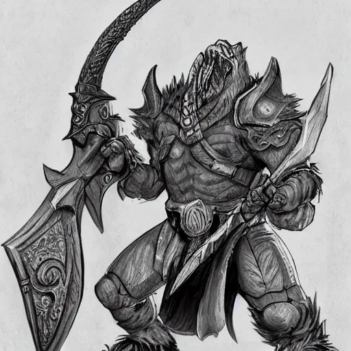 Image similar to fantasy concept art; portrait of a blue dragonborn wielding an axe; barbarian clothing; detailed sketch