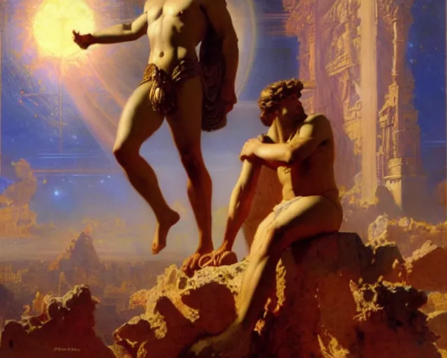 Image similar to the god jupiter sits in judgement over all of mankind, painting by gaston bussiere, craig mullins, j. c. leyendecker