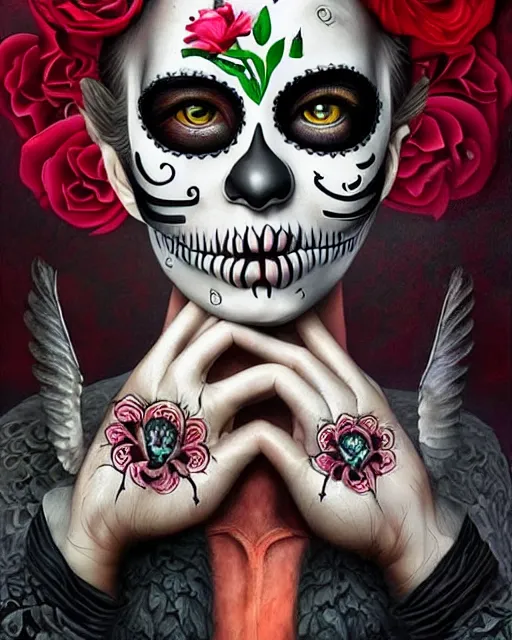 Image similar to dia de los muertos theme surrealist art in the styles of igor morski, jim warren, and a tim burton film, intricate, hyperrealistic, accurate facial details, profile picture with chromakey!!!!! background, volumetric lighting