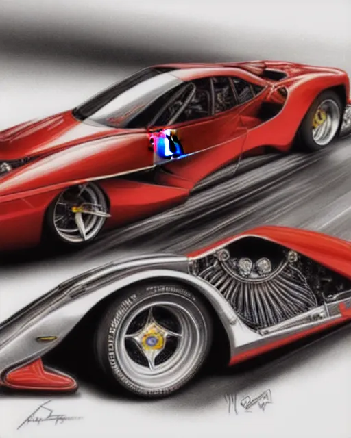 Image similar to Ferrari hotrod car with an exposed V12 engine, fantasy, intricate art nouveau mechanical designs, elegant, highly detailed, sharp focus, art by Artgerm and Greg Rutkowski and WLOP