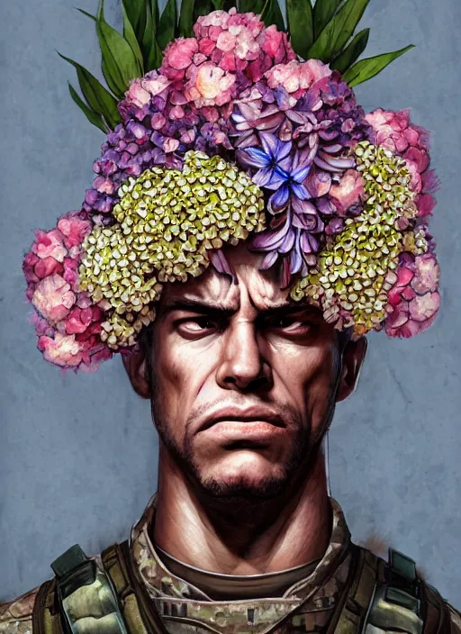 Image similar to handmade character portrait of an angry american soldier man, explosion of flowers, amaratyllis, hydrangea, chrysanthemum and hyacinth, in the style of artgerm and enki bilal and bastien lecouffe - deharme, wlop, line art, watercolor, cinematic lighting, hyperdetailed, hyperrealistic