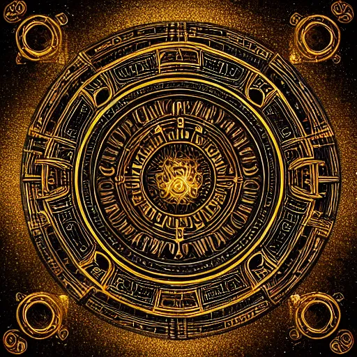 Image similar to intricate and detailed arcane symbol, circular, symmetrical, golden hues, black background, artstation, 4 k