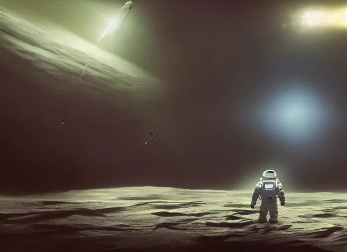 Image similar to astronaut holding a flag in an underwater desert. a submarine is visible in the distance. dark, concept art, cinematic, dramatic, atmospheric, 8 k, trending on artstation, blue, fish, low visibility, fog, ocean floor, christopher nolan, interstellar