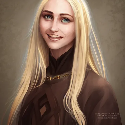 Prompt: portrait, 30 years old woman :: fantasy :: long straight blond hair, being happy, smiling :: attractive, symmetric face :: brown medieval clothing, natural materials :: high detail, digital art, RPG, concept art, illustration