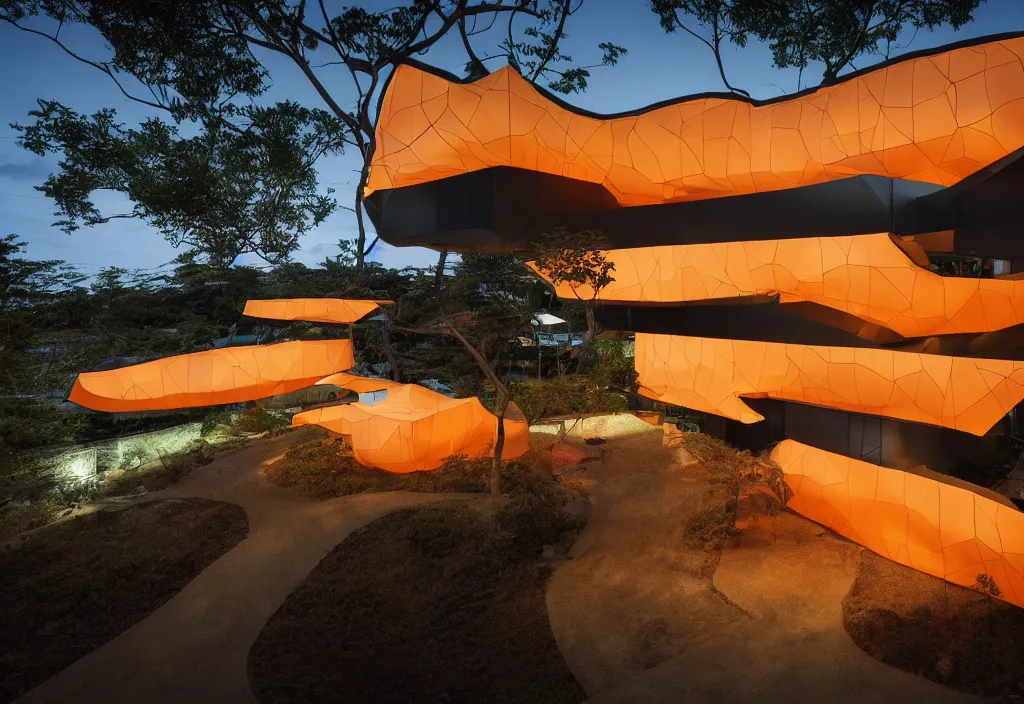 Image similar to photo of the exterior of a futuristic organic japanese house, dramatic lighting, black and orange colour palette, wide angle shot, archviz