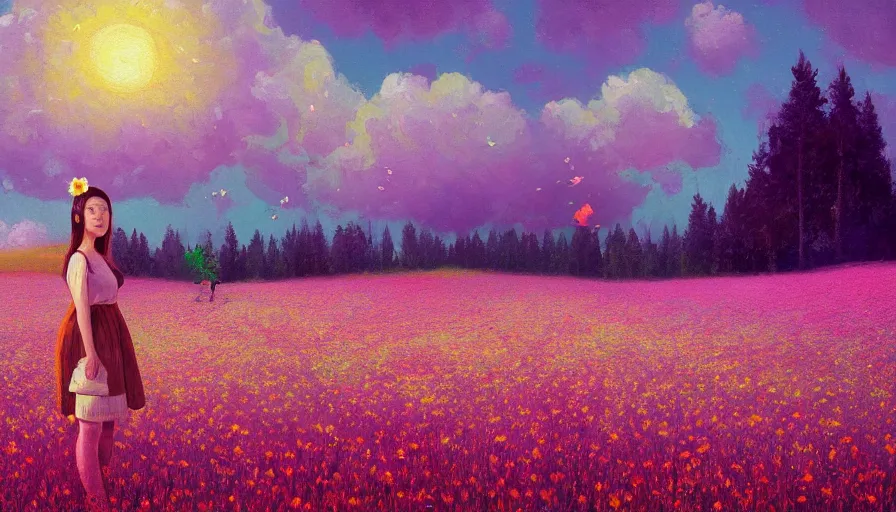 Image similar to girl with a flower face, surreal photography, dream, standing in flower field, hills, big trees, sunrise dramatic light, impressionist painting, colorful clouds, digital painting, pointillism, artstation, simon stalenhag, surreal