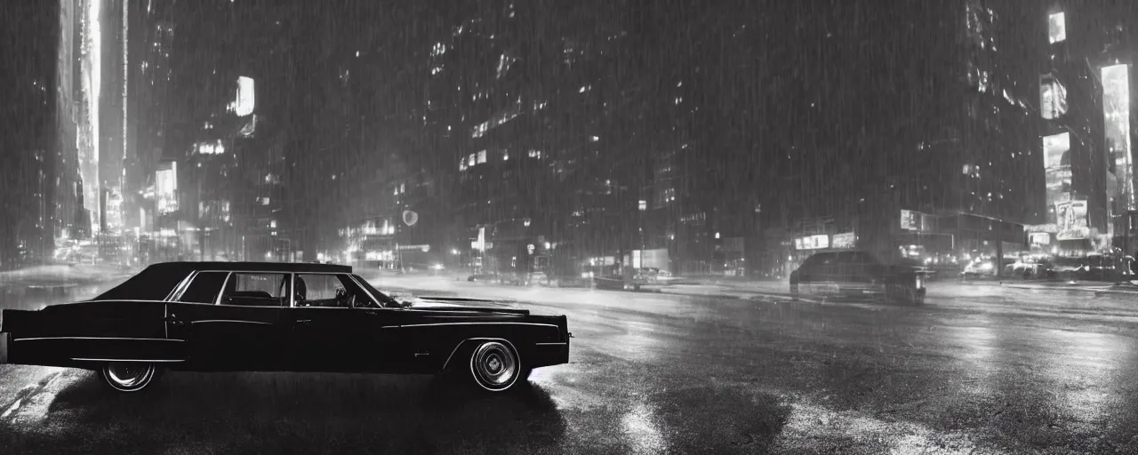 Prompt: A mysterious figure sitting in a black 1970's Cadillac DeVille with the headlights on, smoking a cigarette, parked on the side of the road in the city of New York while it is raining, by Stephen King, dark and dim, moody, sinister, cinematic lighting, 8k render, hyperrealistic