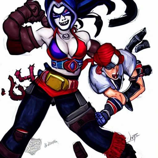 Image similar to Harley Quinn as a skullgirls character, fighting ryu from street fighter, hand drawn, highly detailed