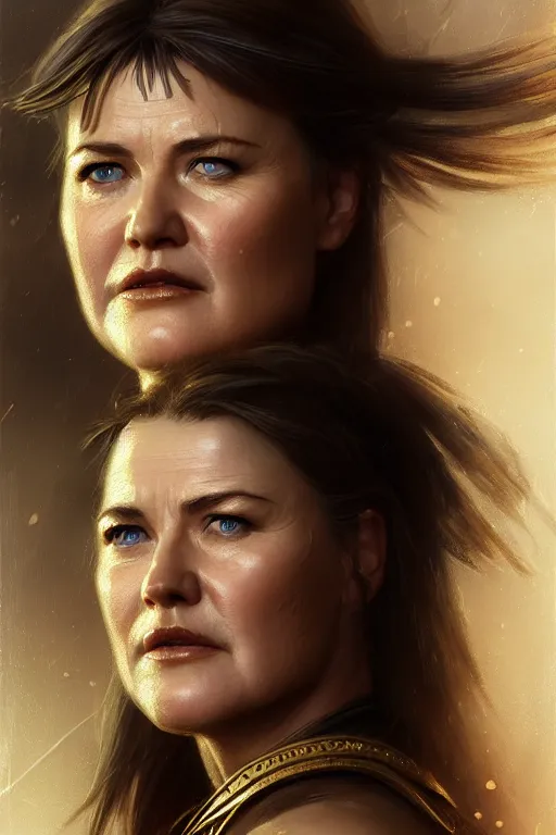 Image similar to ultra detailed close up facial portrait of young lucy lawless as xena, extremely detailed digital painting, in the style of fenghua zhong and ruan jia and jeremy lipking and peter mohrbacher, mystical colors, rim light, beautiful lighting, 8 k, stunning scene, raytracing, octane, trending on artstation