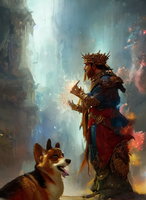 Prompt: beautiful fantasy painting of corgi god blessing human, by Ruan Jia, Pascal Blanche, Jake Parker. Trending on Artstation, 8k, masterpiece, graffiti paint, fine detail, full of color, intricate detail
