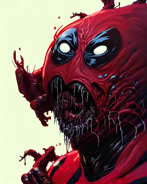 Prompt: highly detailed closeup portrait of a mutated carnage symbiote in deadpool suit with carnages face, wearing black hoodie by atey ghailan, by greg rutkowski, by greg tocchini, by james gilleard, by joe fenton, by kaethe butcher, red, black, crimson and white color scheme, grunge!! graffiti tag wall